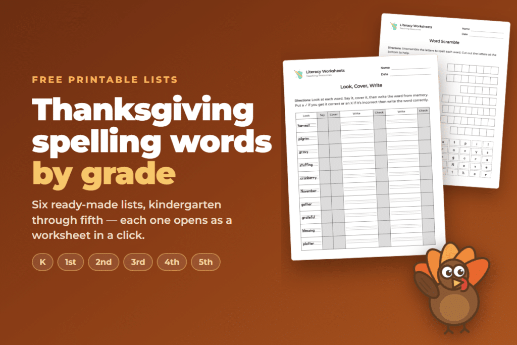Thanksgiving Spelling Word Lists by Grade